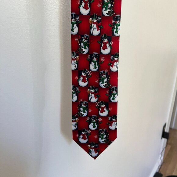 Yule Tie Greetings By Hallmark Snowman Pattern Mens Holiday Necktie Red & Green - Picture 2 of 4